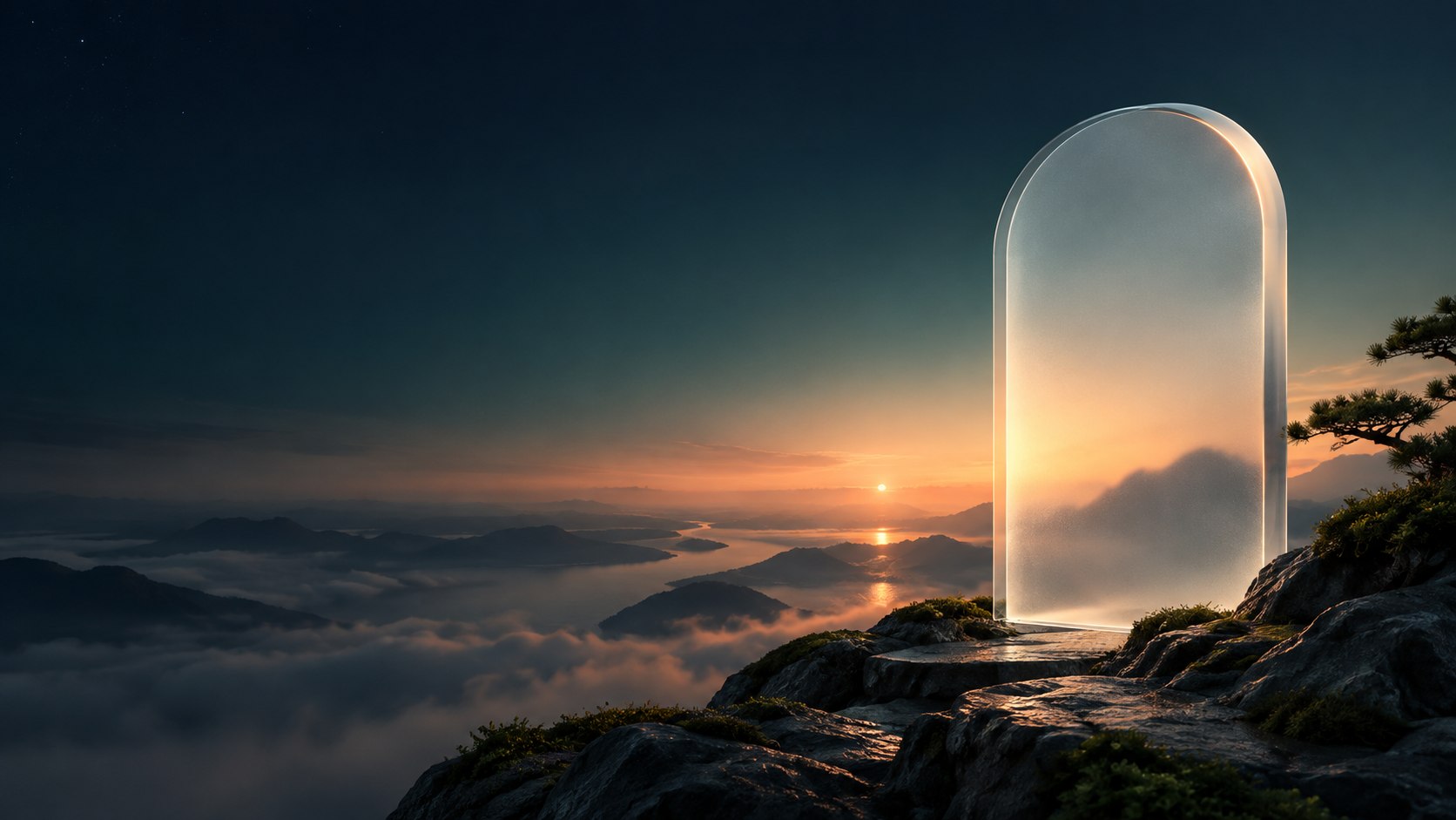 A calm sunrise beyond a luminous glass portal